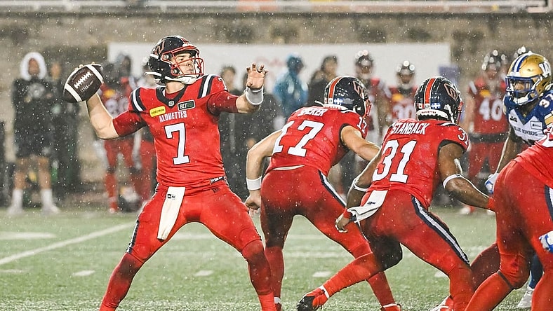 Jul 1, 2023; Montreal, Quebec, CAN; Montreal Alouettes quarterback Cody Fajardo (7) passes the ball against the Winnipeg Blue Bombers during the fourth quarter at Percival Molson Memorial Stadium. Mandatory Credit: David Kirouac-USA TODAY Sports
