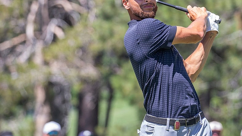 Stephen Curry hits atee shot on the 18th hole during the final round of the American Century Celebrity Championship golf tournament at Edgewood Tahoe Golf Course in Stateline, Nev., Sunday, July 16, 2023.