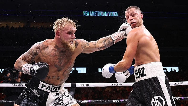 Aug 5, 2023; Dallas, Texas, USA;  Jake Paul (left) fights  against Nate Diaz in a boxing match at American Airlines Center. Mandatory Credit: Kevin Jairaj-USA TODAY Sports