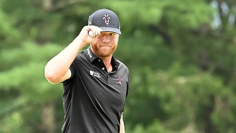 Aug 6, 2023; White Sulphur Springs, West Virginia, USA; Taylor Gooch on the 10th green during the final round of the LIV Golf event at The Old White Course. Mandatory Credit: Bob Donnan-USA TODAY Sports