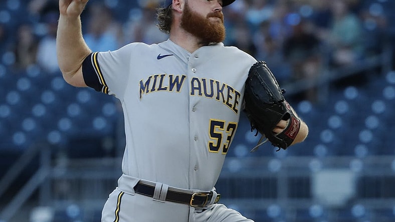 Sep 5, 2023; Pittsburgh, Pennsylvania, USA; Milwaukee Brewers starting pitcher Brandon Woodruff (53) delivers a pitch against the Pittsburgh Pirates during the first inning at PNC Park. Mandatory Credit: Charles LeClaire-USA TODAY Sports