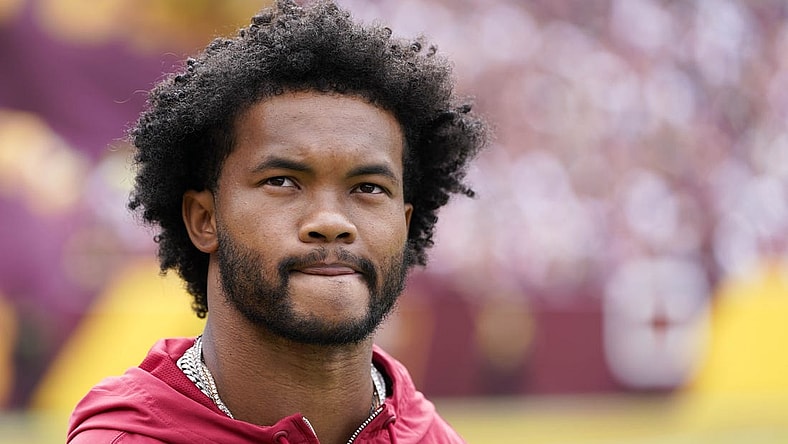 Sep 10, 2023; Landover, Maryland, USA; Arizona Cardinals quarterback Kyler Murray (1) stands on the sidelines before the start of the Washington Commanders and Arizona Cardinals game at FedExField. Mandatory Credit: Brent Skeen-USA TODAY Sports