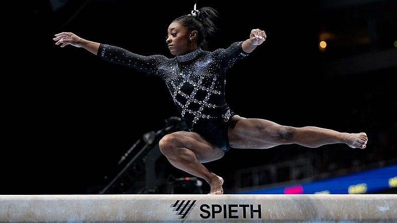 August 27, 2023; San Jose, California, USA; Simone Biles performs on the balance beam during the 2023 U.S. Gymnastics Championships at SAP Center. Mandatory Credit: Kyle Terada-USA TODAY