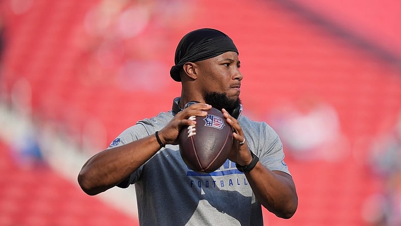 September 21, 2023; Santa Clara, California, USA; New York Giants running back Saquon Barkley (26) before the game against the San Francisco 49ers at Levi's Stadium. Mandatory Credit: Kyle Terada-USA TODAY Sports