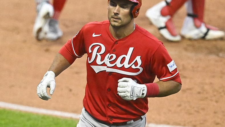 Sep 26, 2023; Cleveland, Ohio, USA; Cincinnati Reds catcher Luke Maile (22) celebrates his solo home run in the third inning against the Cleveland Guardians at Progressive Field. Mandatory Credit: David Richard-USA TODAY Sports