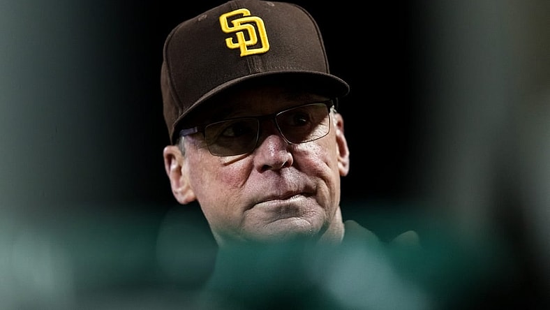 Sep 27, 2023; San Francisco, California, USA; San Diego Padres manager Bob Melvin (3) watches the game against the San Francisco Giants during the seventh inning at Oracle Park. Mandatory Credit: John Hefti-USA TODAY Sports