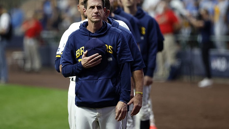 Oct 4, 2023; Milwaukee, Wisconsin, USA; Milwaukee Brewers manager Craig Counsell stands during the national anthem before game two against the Arizona Diamondbacks in the Wildcard series for the 2023 MLB playoffs at American Family Field. Mandatory Credit: Kamil Krzaczynski-USA TODAY Sports