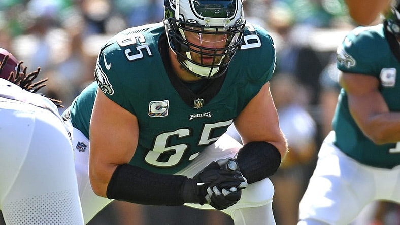 Oct 1, 2023; Philadelphia, Pennsylvania, USA; Philadelphia Eagles offensive tackle Lane Johnson (65) against the Washington Commanders at Lincoln Financial Field. Mandatory Credit: Eric Hartline-USA TODAY Sports