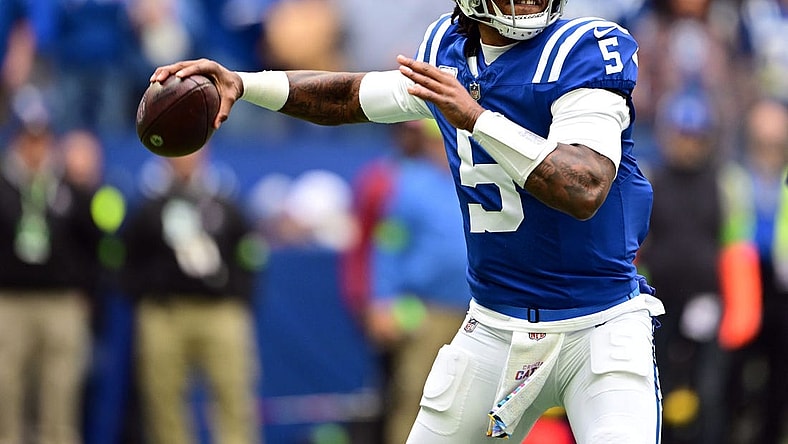Oct 8, 2023; Indianapolis, Indiana, USA; Indianapolis Colts quarterback Anthony Richardson (5) throws a pass during the first quarter against the Tennessee Titans at Lucas Oil Stadium. Mandatory Credit: Marc Lebryk-USA TODAY Sports