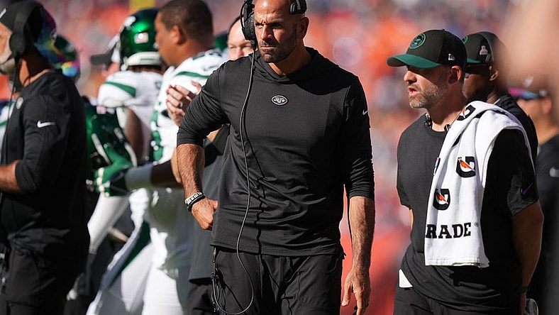 Oct 8, 2023; Denver, Colorado, USA; New York Jets head coach Robert Saleh during the second quarter against the Denver Broncos at Empower Field at Mile High. Mandatory Credit: Ron Chenoy-USA TODAY Sports