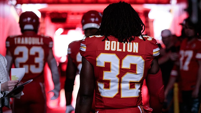 Oct 12, 2023; Kansas City, Missouri, USA; Kansas City Chiefs linebacker Nick Bolton (32) enters the field prior to the game against the Denver Broncos at GEHA Field at Arrowhead Stadium. Mandatory Credit: William Purnell-USA TODAY Sports