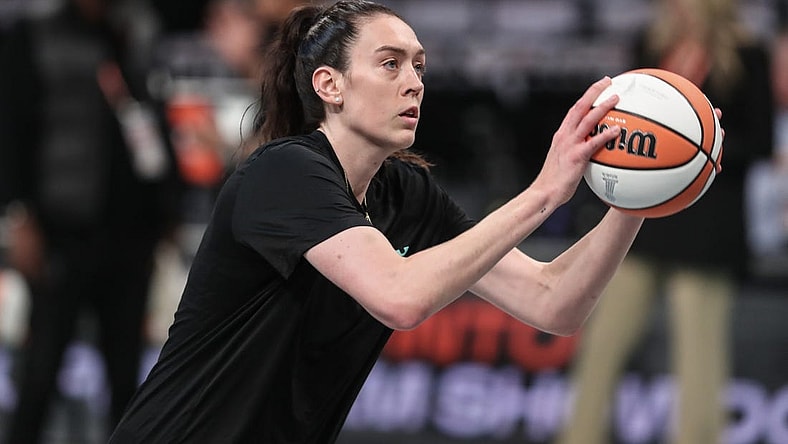 Oct 15, 2023; Brooklyn, New York, USA; New York Liberty forward Breanna Stewart (30) warms up prior to game three of the 2023 WNBA Finals against the Las Vegas Aces at Barclays Center. Mandatory Credit: Wendell Cruz-USA TODAY Sports