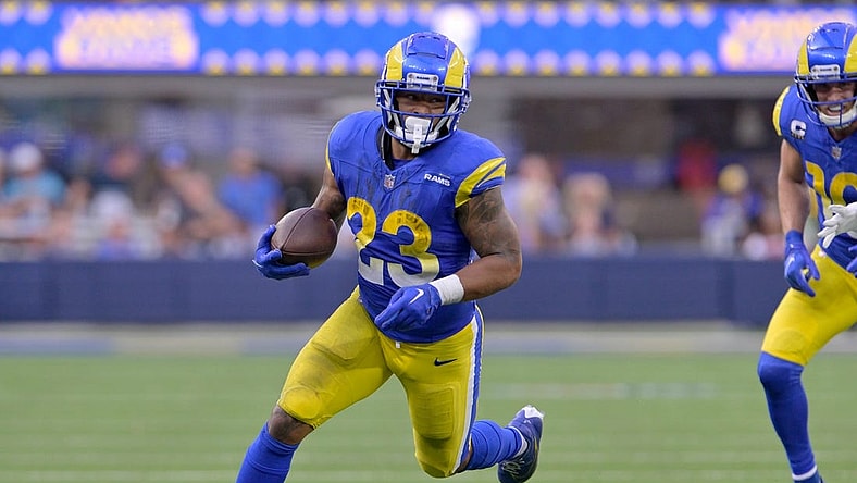 Oct 15, 2023; Inglewood, California, USA; Los Angeles Rams running back Kyren Williams (23) runs against the Arizona Cardinals during the second half at SoFi Stadium. Mandatory Credit: Alex Gallardo-USA TODAY Sports