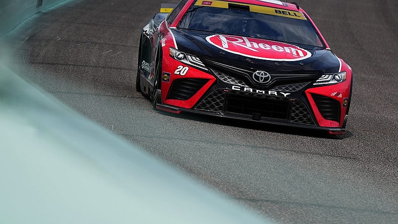 Oct 22, 2023; Homestead, Florida, USA; NASCAR Cup Series driver Christopher Bell (20) races during the 4EVER 400 presented by Mobil 1 at Homestead-Miami Speedway. Mandatory Credit: Jasen Vinlove-USA TODAY Sports