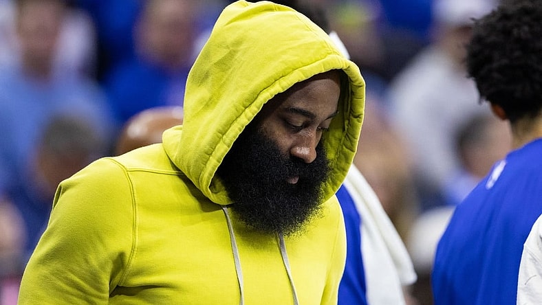 Oct 29, 2023; Philadelphia, Pennsylvania, USA; Philadelphia 76ers guard James Harden in plain clothes on the bench during the second quarter of a game against the Portland Trail Blazers at Wells Fargo Center. Mandatory Credit: Bill Streicher-USA TODAY Sports