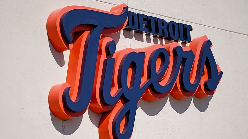 Mar 7, 2021; Lakeland, Florida, USA; A general view of the Detroit Tigers script logo on the building at Publix Field at Joker Marchant Stadium during the spring training game between the Detroit Tigers and the Toronto Blue Jays. Mandatory Credit: Jasen Vinlove-USA TODAY Sports