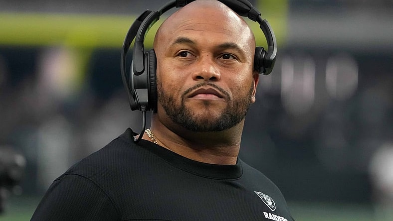 Aug 26, 2022; Paradise, Nevada, USA; Las Vegas Raiders linebackers coach Antonio Pierce watches from the sidelines against the New England Patriots at Allegiant Stadium. The Raiders defeated the Patriots 23-6. Mandatory Credit: Kirby Lee-USA TODAY Sports