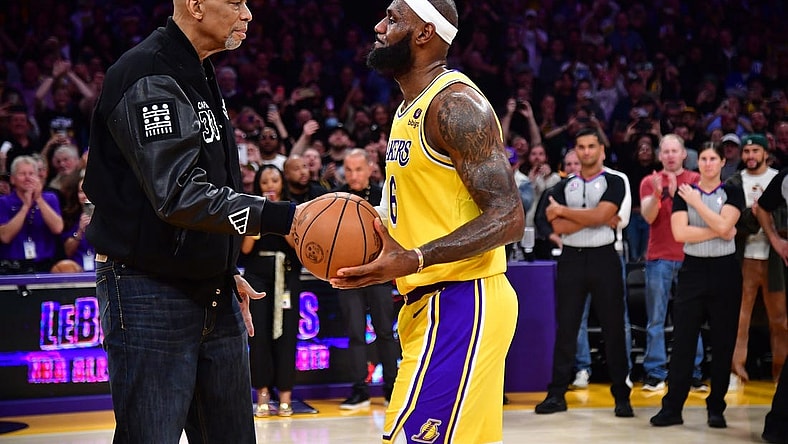 Feb 7, 2023; Los Angeles, California, USA; Los Angeles Lakers forward LeBron James (6) shakes hands with former player Kareem Abdul-Jabbar after breaking the NBA all time scoring record against the Oklahoma City Thunder during the second half at Crypto.com Arena. Mandatory Credit: Gary A. Vasquez-USA TODAY Sports