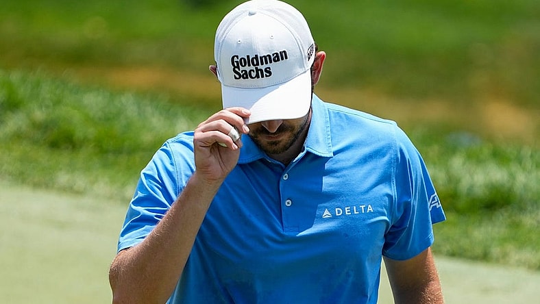 June 3, 2023; Dublin, Ohio, USA;  Patrick Cantlay reacts to a birdie putt on the fourth hole during the third round of the Memorial Tournament at Muirfield Village Golf Club.