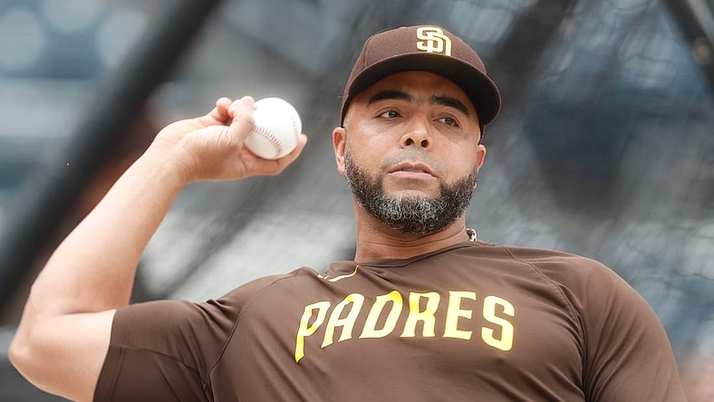 Jun 27, 2023; Pittsburgh, Pennsylvania, USA;  San Diego Padres designated hitter Nelson Cruz  (32) warms up  before the game against the Pittsburgh Pirates at PNC Park. Mandatory Credit: Charles LeClaire-USA TODAY Sports