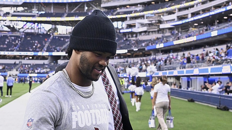 Oct 15, 2023; Inglewood, California, USA; Arizona Cardinals injured quarterback Kyler Murray walks off the field after the Los Angeles Rams defeat the Cardinals at SoFi Stadium. Mandatory Credit: Alex Gallardo-USA TODAY Sports