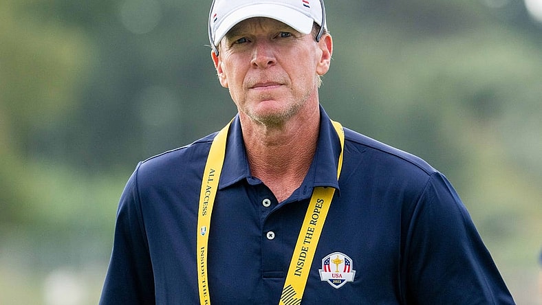 September 25, 2023; Rome, ITALY; Team USA vice-captain Steve Stricker on the driving range prior to the start of the Ryder Cup golf competition at Marco Simone Golf and Country Club. Mandatory Credit: Kyle Terada-USA TODAY Sports