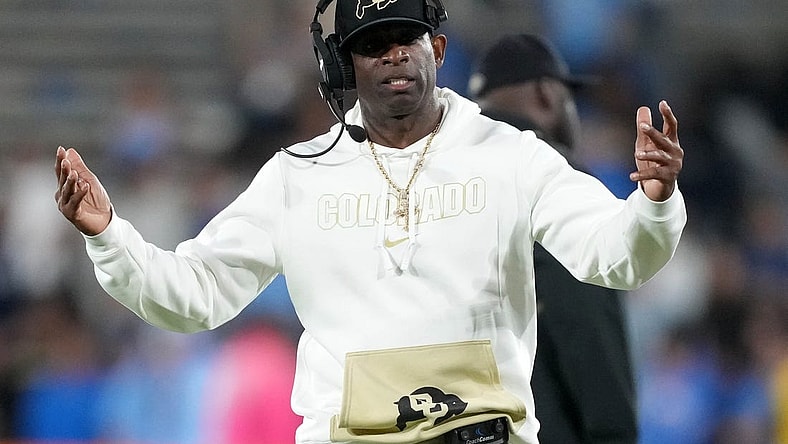 Oct 28, 2023; Pasadena, California, USA; Colorado Buffaloes head coach Deion Sanders reacts against the UCLA Bruins in the second half at Rose Bowl. Mandatory Credit: Kirby Lee-USA TODAY Sports