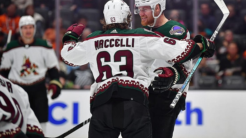 Nov 1, 2023; Anaheim, California, USA; Arizona Coyotes left wing Lawson Crouse (67) celebrates his goal scored against the Anaheim Ducks with left wing Matias Maccelli (63) during the first period at Honda Center. Mandatory Credit: Gary A. Vasquez-USA TODAY Sports