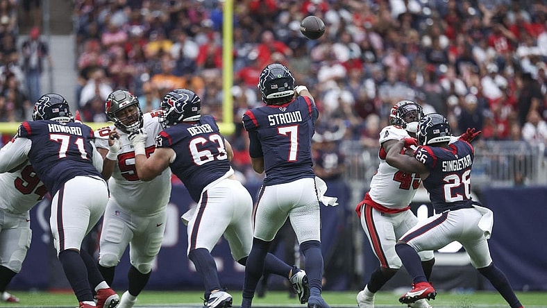 Nov 5, 2023; Houston, Texas, USA; Houston Texans quarterback C.J. Stroud (7) attempts a pass during the game against the Tampa Bay Buccaneers at NRG Stadium. Mandatory Credit: Troy Taormina-USA TODAY Sports