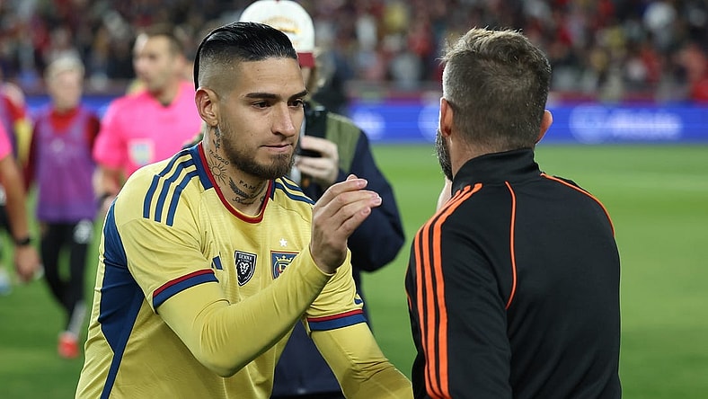 Nov 6, 2023; Sandy, Utah, USA;  Real Salt Lake forward Cristian Arango (9) following the victory against Houston Dynamo at America First Field. Mandatory Credit: Rob Gray-USA TODAY Sports