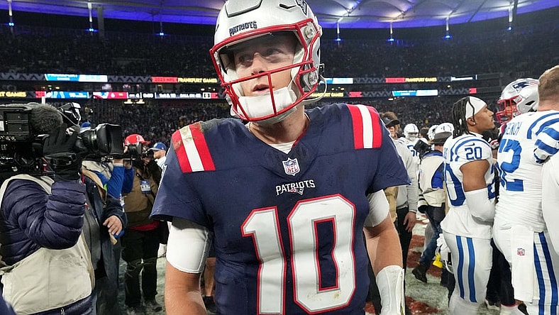 Nov 12, 2023; Frankfurt, Germany; New England Patriots quarterback Mac Jones (10) leaves the field after an NFL International Series game against the Indianapolis Colts at Deutsche Bank Park. Mandatory Credit: Kirby Lee-USA TODAY Sports