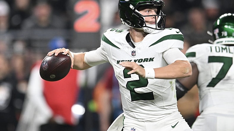 Nov 12, 2023; Paradise, Nevada, USA; New York Jets quarterback Zach Wilson (2) looks to make a pass against the Las Vegas Raiders in the second quarter at Allegiant Stadium. Mandatory Credit: Candice Ward-USA TODAY Sports