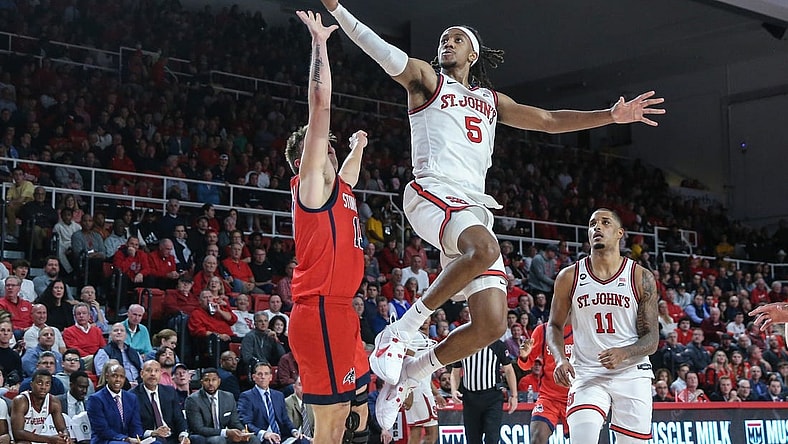 Nov 7, 2023; Queens, New York, USA;  St. John's Red Storm guard Daniss Jenkins (5) at Carnesecca Arena. Mandatory Credit: Wendell Cruz-USA TODAY Sports