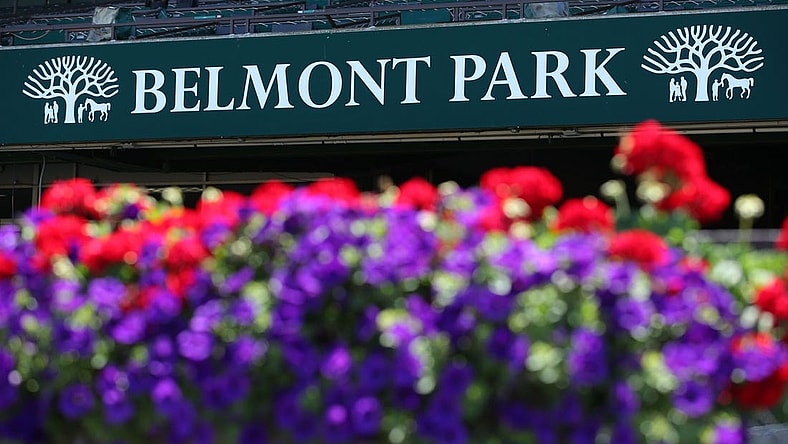 Jun 16, 2020; Elmont, New York, USA; General view of a Belmont Park sign and flowers at Belmont Park. Mandatory Credit: Brad Penner-USA TODAY Sports
