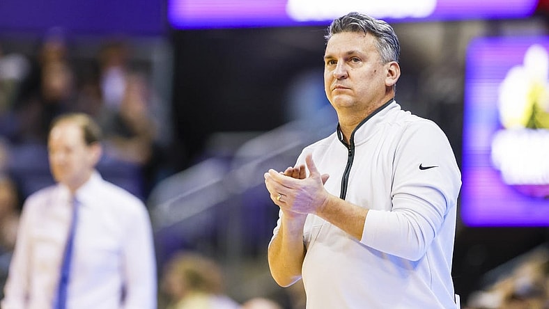 Mar 2, 2023; Seattle, Washington, USA; Washington State Cougars head coach Kyle Smith reacts to a play against the Washington Huskies during the second half at Alaska Airlines Arena at Hec Edmundson Pavilion. Mandatory Credit: Joe Nicholson-USA TODAY Sports