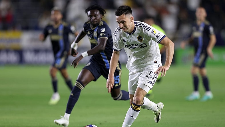 Jul 8, 2023; Carson, California, USA; Los Angeles Galaxy forward Preston Judd (31) dribbles during the second half against the Philadelphia Union at Dignity Health Sports Park. Mandatory Credit: Jason Parkhurst-USA TODAY Sports