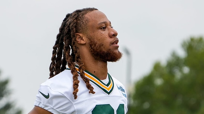 Green Bay Packers cornerback Eric Stokes (21) walks across the field during a joint practice between the Green Bay Packers and the Cincinnati Bengals, Wednesday, Aug. 9, 2023, at the practice fields next to Paycor Stadium in Cincinnati.