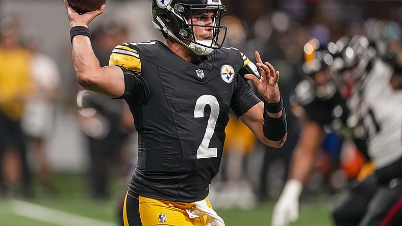 Aug 24, 2023; Atlanta, Georgia, USA; Pittsburgh Steelers quarterback Mason Rudolph (2) passes the ball against the Atlanta Falcons during the second half at Mercedes-Benz Stadium. Mandatory Credit: Dale Zanine-USA TODAY Sports