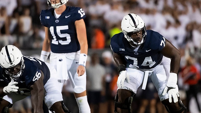 Penn State left tackle Olu Fashanu (74) gets set before a play against West Virginia at Beaver Stadium September 2, 2023, in State College.