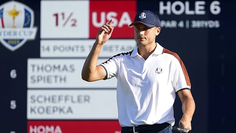 Sep 30, 2023; Rome, ITA; Team Europe golfer Ludvig Aberg reacts after a putt on the sixth green during day two foursomes round for the 44th Ryder Cup golf competition at Marco Simone Golf and Country Club. Mandatory Credit: Adam Cairns-USA TODAY Sports