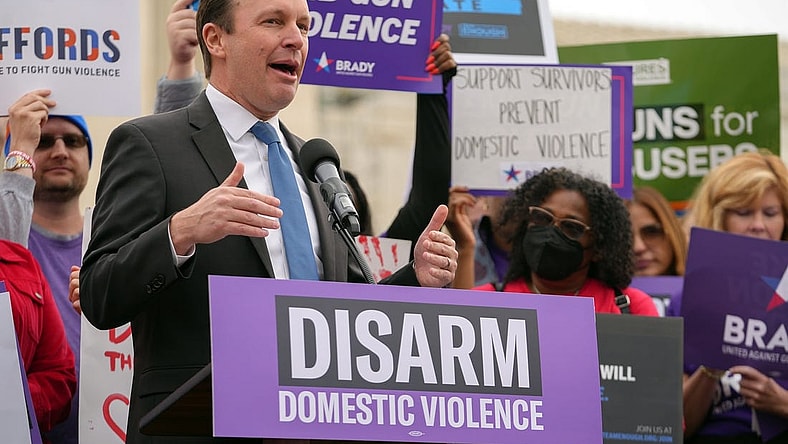 Nov 7, 2023; Washington, DC, USA; Senator Chris Murphy speaks outside the Supreme Court Tuesday during arguments in the case, U.S. v. Rahimi. Mandatory Credit: Megan Smith-USA TODAY