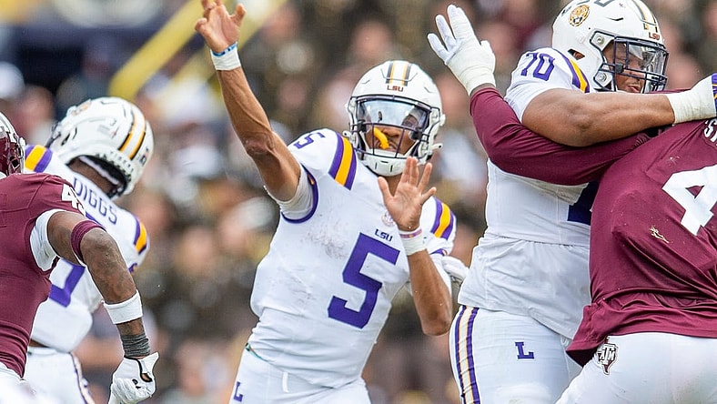 Quarterback Jayden Daniels 5 as the LSU Tigers take on Texas A&M in Tiger Stadium in Baton Rouge, Louisiana, November 25, 2023.