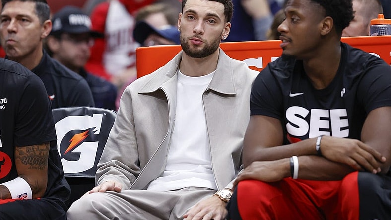 Dec 2, 2023; Chicago, Illinois, USA; Injured Chicago Bulls guard Zach LaVine (8) sits on the bench during the second half at United Center. Mandatory Credit: Kamil Krzaczynski-USA TODAY Sports