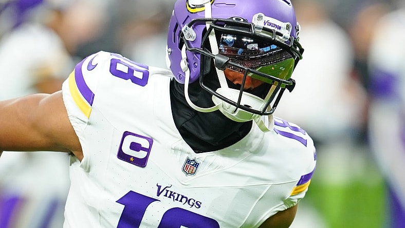 Dec 10, 2023; Paradise, Nevada, USA; Minnesota Vikings wide receiver Justin Jefferson (18) warms up before a game against the Las Vegas Raiders at Allegiant Stadium. Mandatory Credit: Stephen R. Sylvanie-USA TODAY Sports
