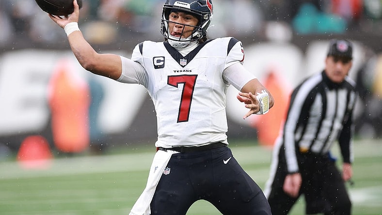 Dec 10, 2023; East Rutherford, New Jersey, USA; Houston Texans quarterback C.J. Stroud (7) throws a pass during the second half against the New York Jets at MetLife Stadium. Mandatory Credit: Vincent Carchietta-USA TODAY Sports