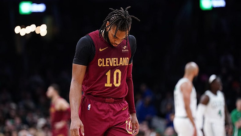 Dec 14, 2023; Boston, Massachusetts, USA; Cleveland Cavaliers guard Darius Garland (10) on the court against the Boston Celtics in the second half at TD Garden. Mandatory Credit: David Butler II-USA TODAY Sports