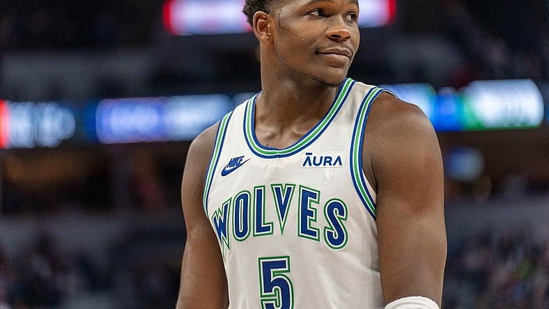 Dec 16, 2023; Minneapolis, Minnesota, USA; Minnesota Timberwolves guard Anthony Edwards (5) during a break in the action in the fourth quarter against the Indiana Pacers at Target Center. Mandatory Credit: Matt Blewett-USA TODAY Sports