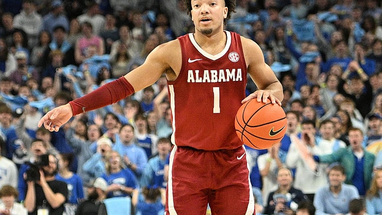 Dec 16, 2023; Omaha, Nebraska, USA;  Alabama Crimson Tide guard Mark Sears (1) dribbles against the Creighton Bluejays in the first half  at CHI Health Center Omaha. Mandatory Credit: Steven Branscombe-USA TODAY Sports