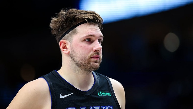 Dec 27, 2023; Dallas, Texas, USA;  Dallas Mavericks guard Luka Doncic (77) reacts during the second half against the Cleveland Cavaliers at American Airlines Center. Mandatory Credit: Kevin Jairaj-USA TODAY Sports