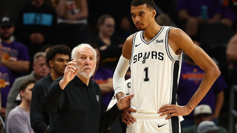 San Antonio Spurs: San Antonio Spurs coach Gregg Popovich with center Victor Wembanyama
